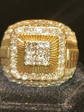 Moissanite Men's Ring 10K Gold Plated Size 8.5 Iced Out Signet Band New